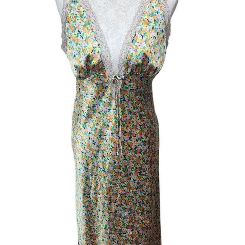 wild fable Floral Satin Lace-Trim Chemise in Green, Pink, Yellow